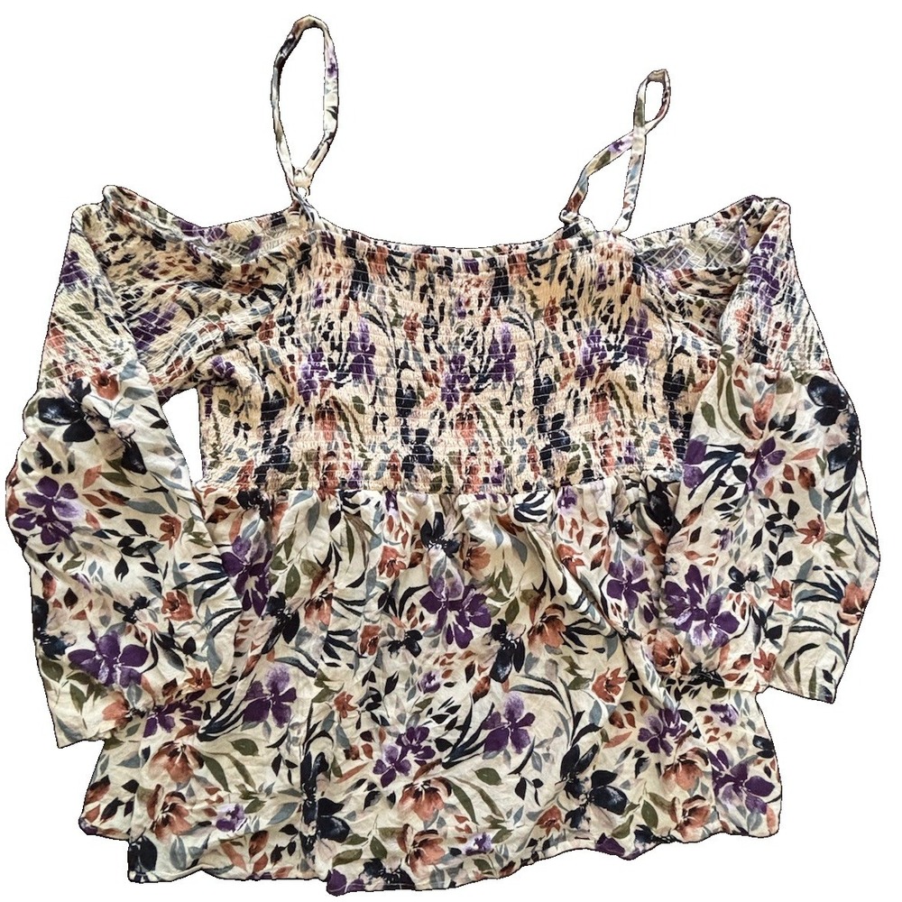 Torrid Size 4 4X Floral Smocked Cold Shoulder Blouse Purple Ivory Boho Rayon